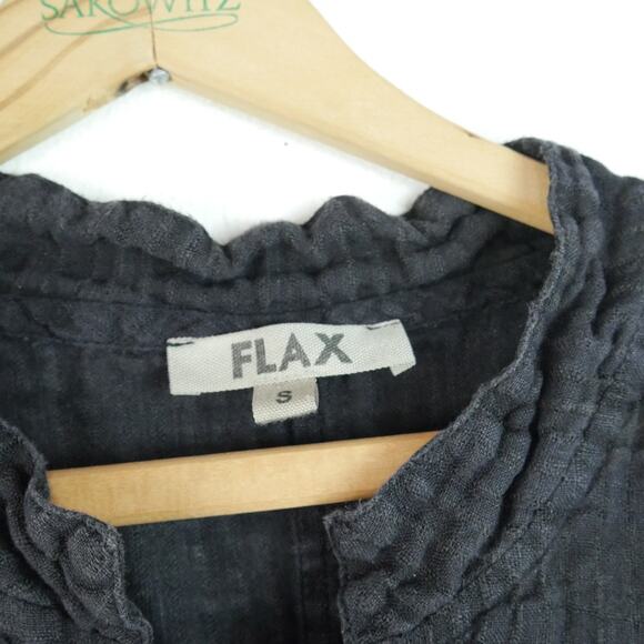 FLAX Small Dress Tunic Button Down Long Sleeve Black Linen Lagenlook Lagom - Picture 2 of 10